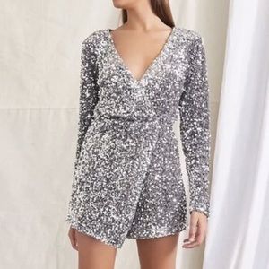 Silver Sequin Plunging Romper